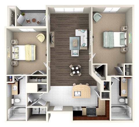 Floor plan for 2 beds, 2 baths, 1052 sqft